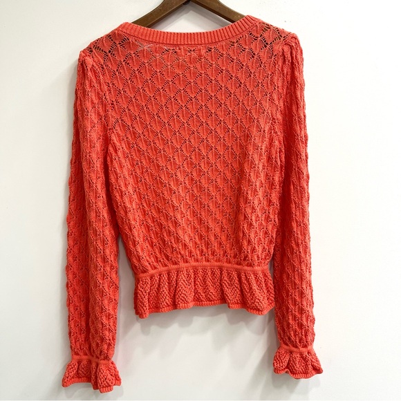 By Anthropologie Flounce-Hem Pointelle Sweater Pleated Sleeves Orange Size XL - Picture 6 of 13